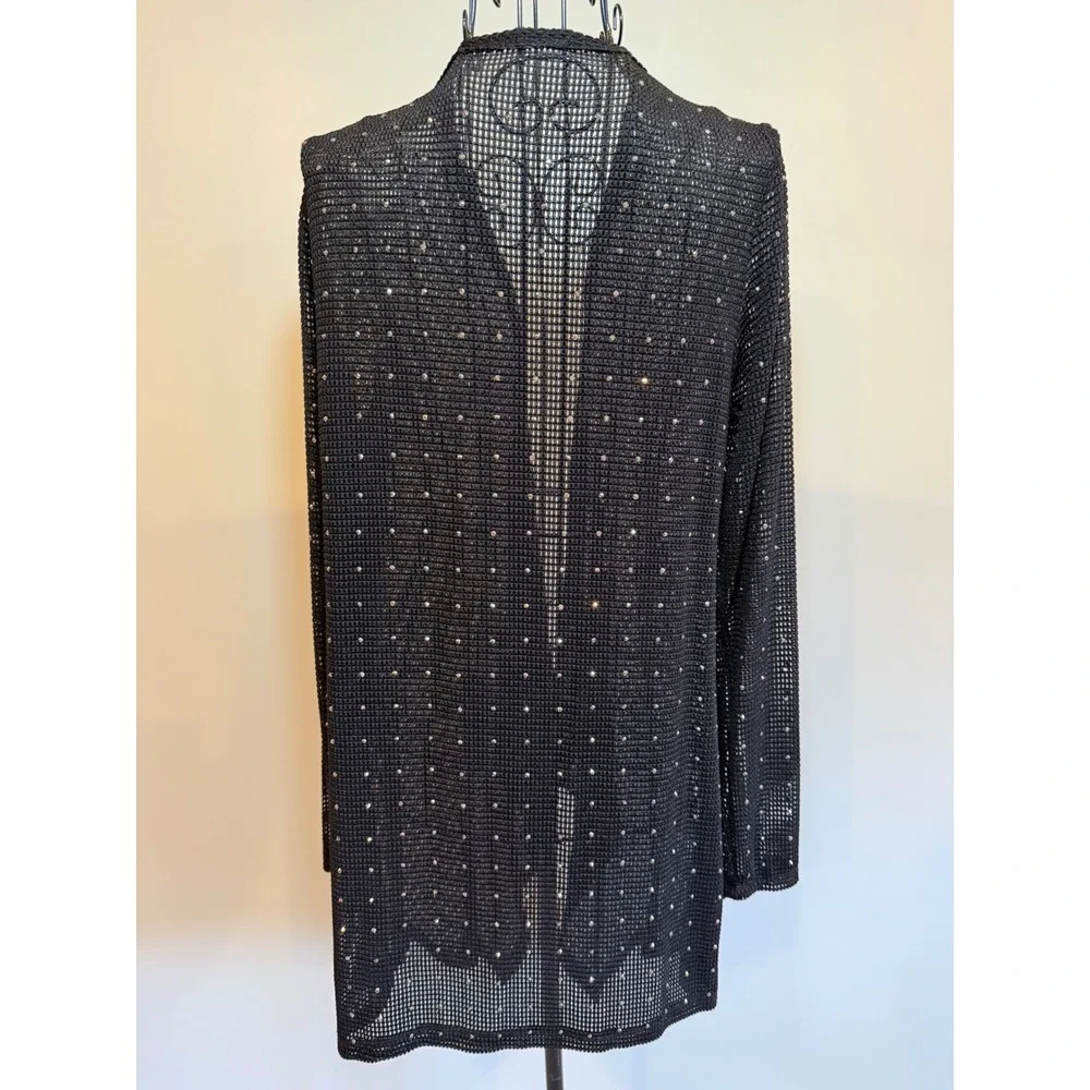 Womens Black Mesh Rhinestone Open Front Cardigan‎ Metallic Knit Draped Shimmer